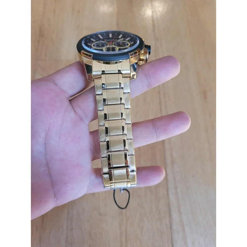Curren‎ Mens Chronograph Watch Gold Tone Stainless Steel Black Dial New